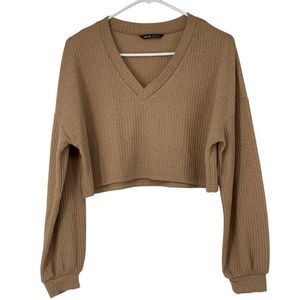 Shein Solid Rib Knit Crop Top Long Sleeve Tee Sz Small Tan Pouf sleeve 2719
